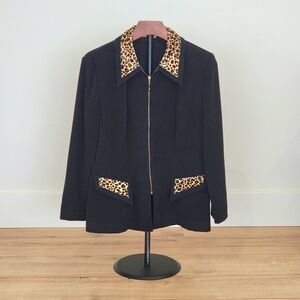 Leopard Trim Black Women's Jacket, Zip up, Size Medium